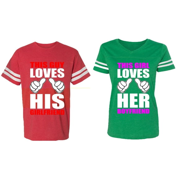 This Guy Lovs His Her Girlfriend Boyfriend Matching Couple Cotton Jerseys (Men Red / Women Green) (Men L / Women XL)