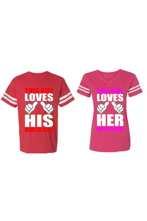This Guy Lovs His Her Girlfriend Boyfriend Matching Couple Cotton Jerseys (Men Red / Women Pink) (Men L / Women L)