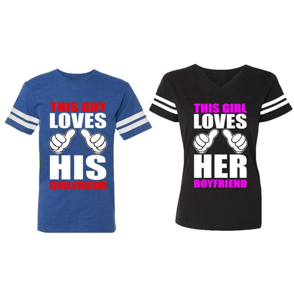 This Guy Lovs His Her Girlfriend Boyfriend Matching Couple Cotton Jerseys (Men Royal / Women Black) (Men M / Women S)