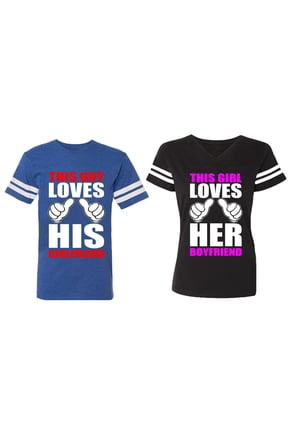 This Guy Lovs His Her Girlfriend Boyfriend Matching Couple Cotton Jerseys (Men Royal / Women Black) (Men XXL / Women XXL)