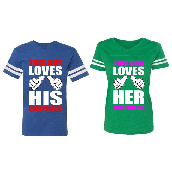 This Guy Lovs His Her Girlfriend Boyfriend Matching Couple Cotton Jerseys (Men Royal / Women Green) (Men M / Women XXL)