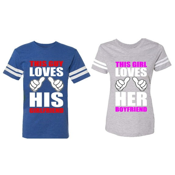 This Guy Lovs His Her Girlfriend Boyfriend Matching Couple Cotton Jerseys (Men Royal / Women Heather) (Men XL / Women S)