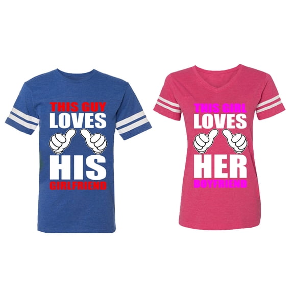 This Guy Lovs His Her Girlfriend Boyfriend Matching Couple Cotton Jerseys (Men Royal / Women Pink) (Men S / Women XXL)
