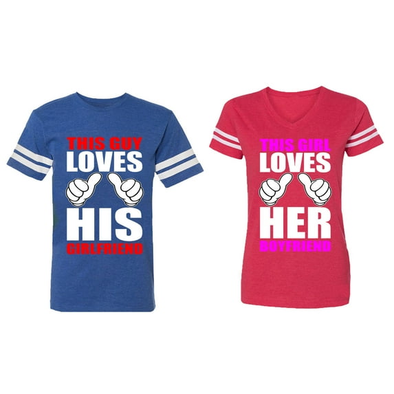 This Guy Lovs His Her Girlfriend Boyfriend Matching Couple Cotton Jerseys (Men Royal / Women Red) (Men S / Women M)