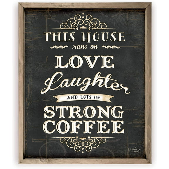 This House Runs On Love Laughter And Coffee Rustic Wood Wall Sign 12x15 (Frame Included)