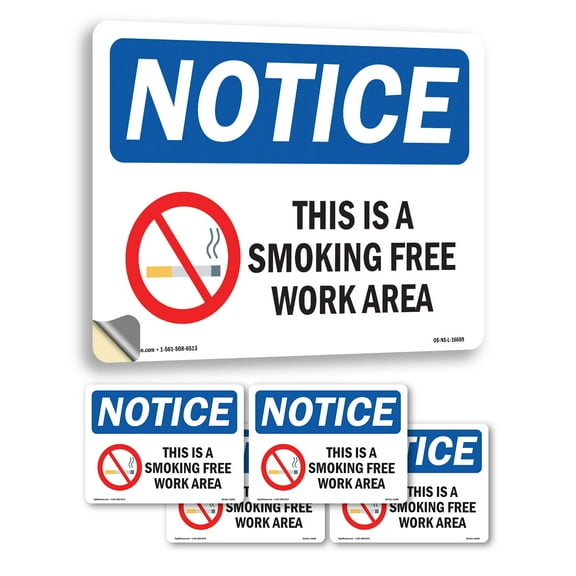 This Is A Smoke Free Workplace With Symbol OSHA Notice Vinyl Decal Label 7 Inch x 5 Inch - 5 Pack