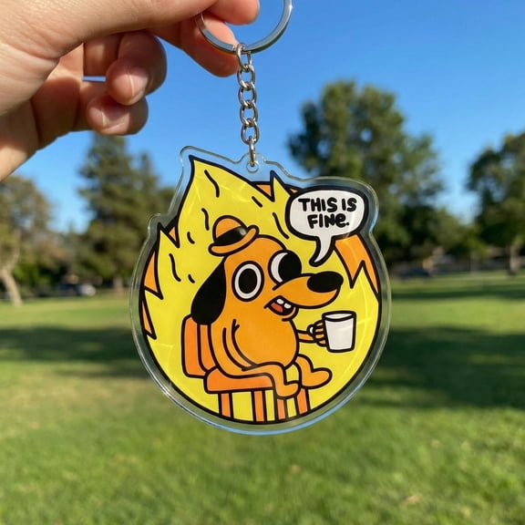 This Is Fine Dog Meme Acrylic keychain 1 pack, Chaos Fire Internet Humor Bag Charm