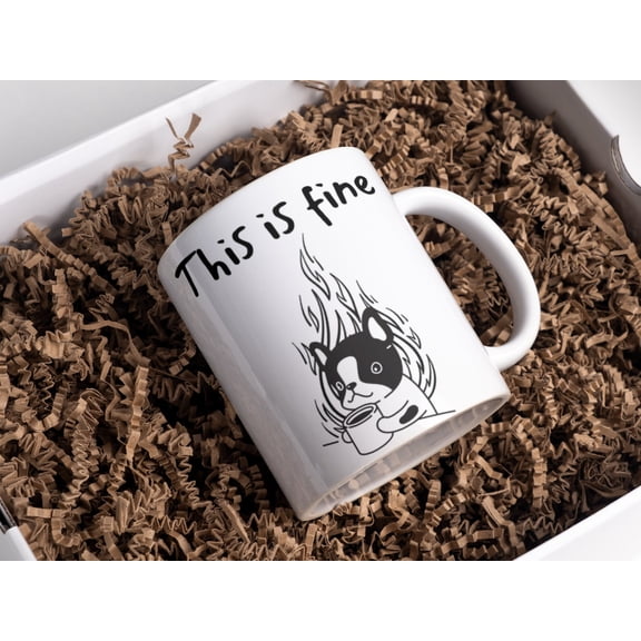 This Is Fine Dog Mug Minimal Line Art Fire Scene Coffee Cup Simple Humor Design Pet Lover Gift Ceramic Mug 11oz