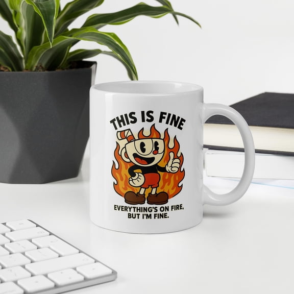 This Is Fine Mug Everything Is On Fire But I’m Fine Retro Cartoon Humor Coffee Cup Sarcastic Burnout Gift Ceramic Mug 11oz