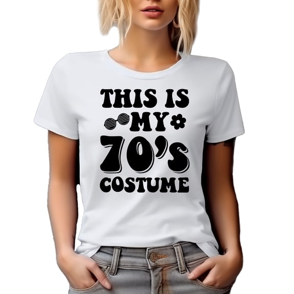 This Is My 70's Costume, Witty Retro Costume Party, Groovy Text Quote, White T-Shirt, Medium