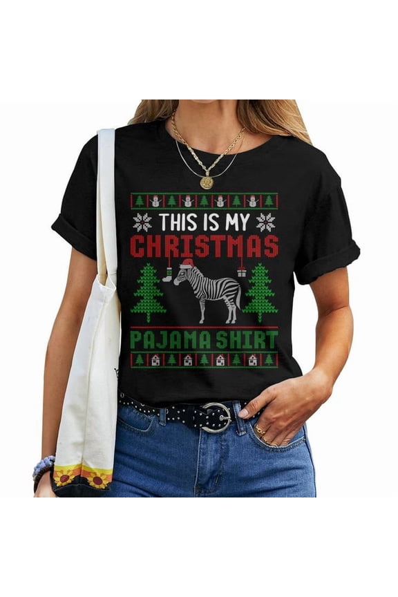This Is My Christmas Pajama Zebra Ugly Xmas Sweater Style Graphic Tee Unisex Adult Cotton Holiday Gift for Animal Lovers, Size 5XL, Color Black