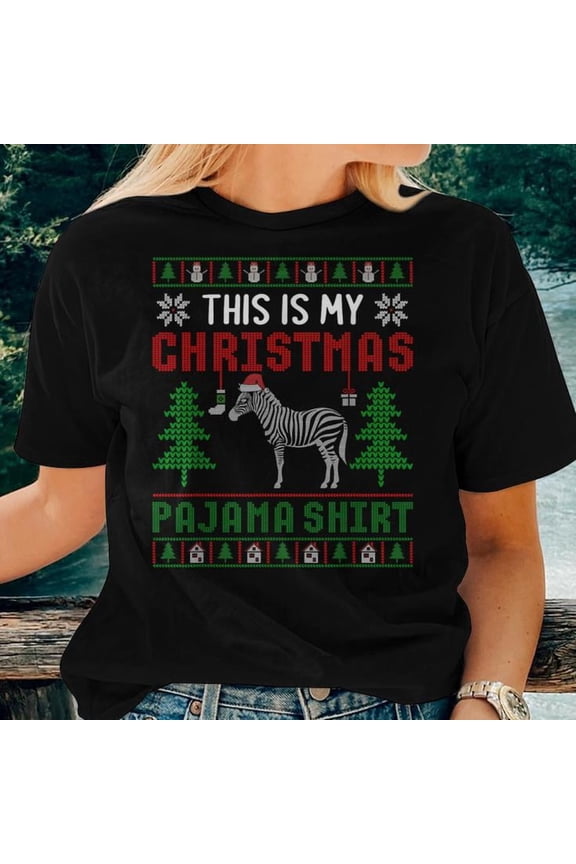 This Is My Christmas Pajama Zebra Ugly Xmas Sweater Style Graphic Tee Unisex Adult Cotton Holiday Gift for Animal Lovers, Size 5XL, Color Black