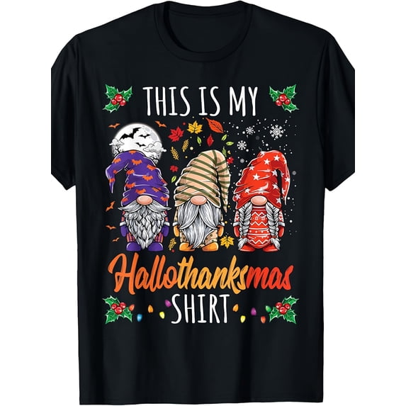 This Is My Hallothanksmas Gnomes Graphic T‑Shirt, Halloween Thanksgiving Christmas Holiday Short‑Sleeve Casual Unisex Tee