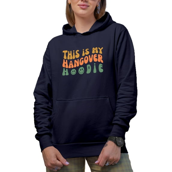 This Is My Hangover Hoodie, Drinking Effects Quote, Groovy Retro Wavy Text Merch Gift, Navy Blue Hooded Sweatshirt or Hoodie, Large