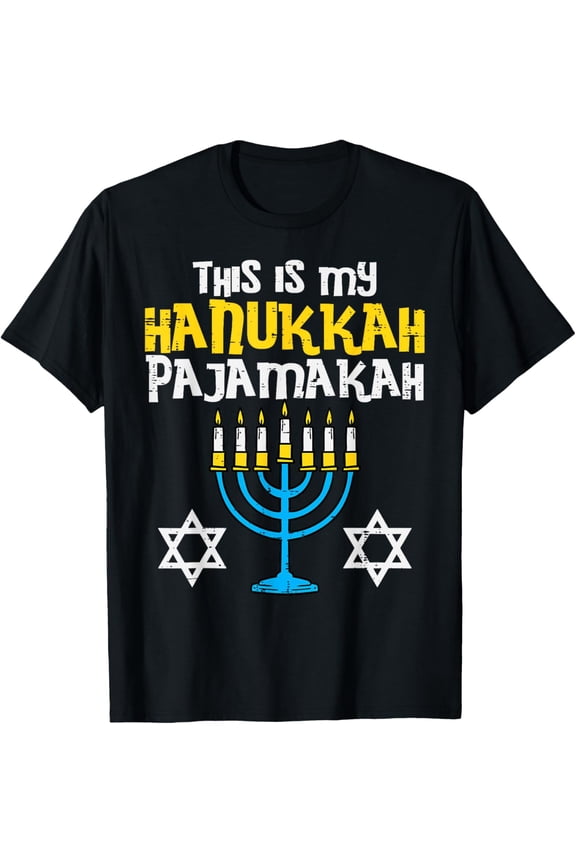 This Is My Hanukkah Pajamakah Menorah Chanukah Pajamas PJs T-ShirtMen and women, White Black T-shirt, size: Extra large S-4XL
