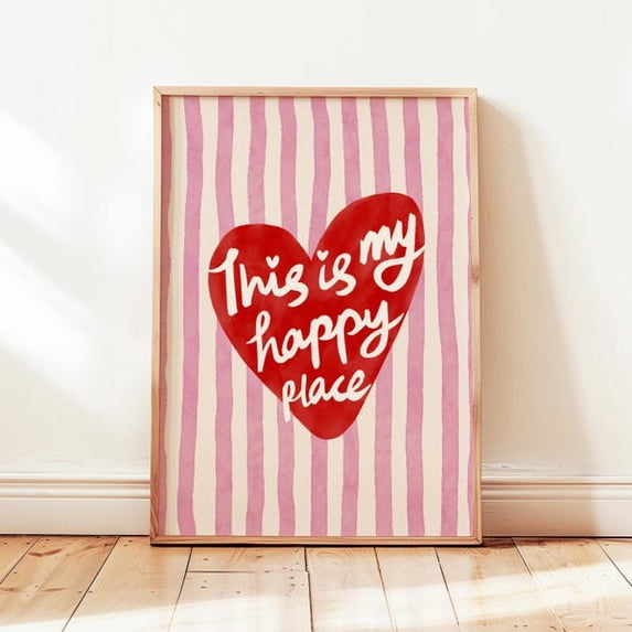 This Is My Happy Place Printable, Red Pink Heart Stripes Poster, Preppy Coquette Decor, Unframed Paper Poster 24x36in