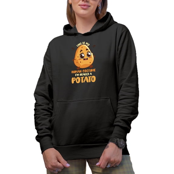 This Is My Human Costume, I'm Really a Potato, Witty Costume Party Joke Quote, Black Hooded Sweatshirt or Hoodie, 3XL