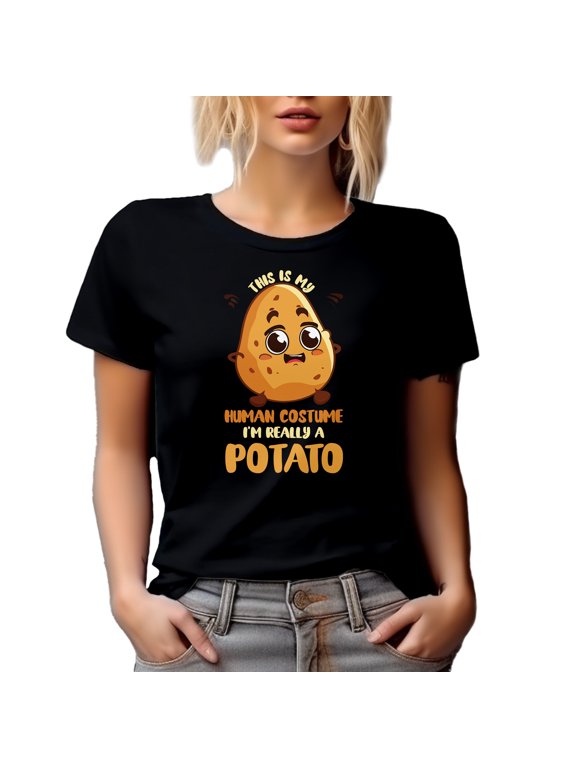 This Is My Human Costume, I'm Really a Potato, Witty Costume Party Joke Quote, Black T-Shirt, Medium