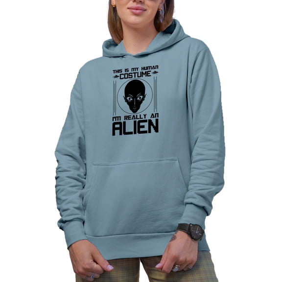 This Is My Human Costume, I'm Really an Alien, Witty Costume Party Quote, Light Blue Hooded Sweatshirt or Hoodie, Medium