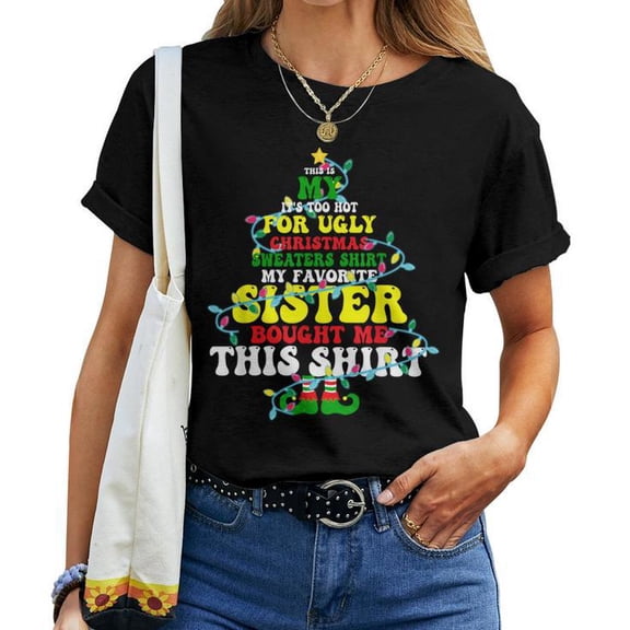 This Is My Too Hot Ugly Christmas Tee for Women Funny Holiday Cotton T-Shirt for Adults Casual Winter Outfit, Size 3XL, Color Black
