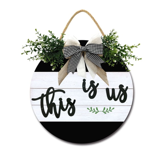 This Is Us Sign Farmhouse Wood Sign Front Porch Decor Rustic Wooden Sign Wall Decor Hanging Wooden Decorations with Bow-Knot for Home Porch Wall Door, 11 x 11 inch