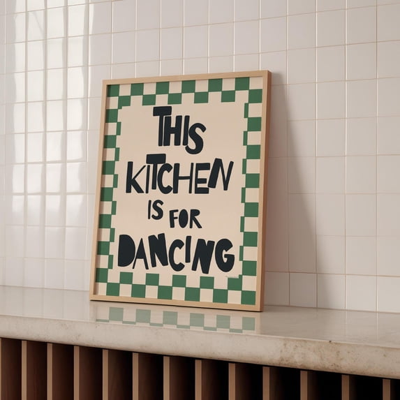This Kitchen Is For Dancing Poster Drawn Retro Aesthetic Decor Green Wall Art Trendy Design1 Poster, Unframed Size 12x18