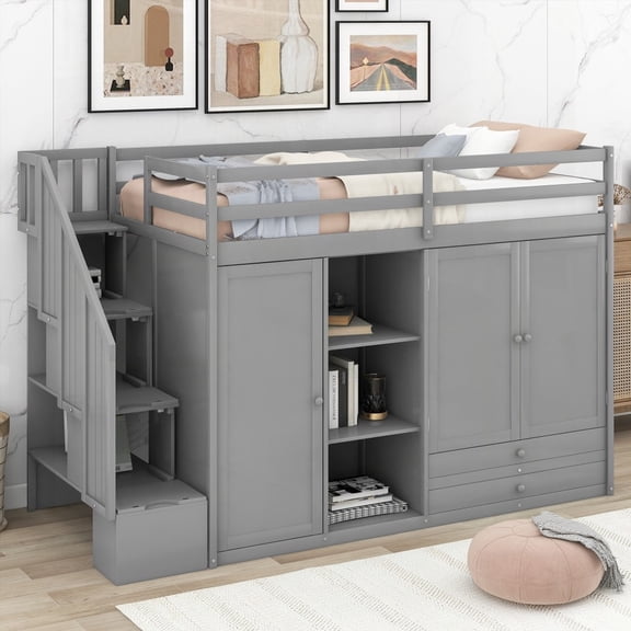 This Loft Bed has 3 Shelves, 2 Wardrobes, 2 Drawers & Ladder Storage in Gray, Space Saving!