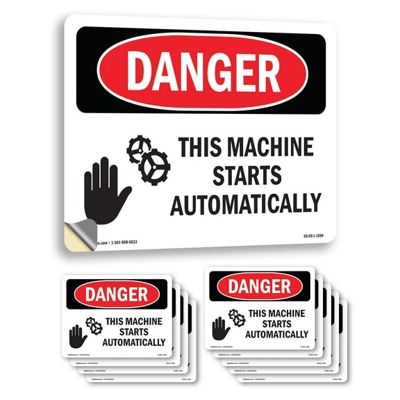 This Machine Starts Automatically OSHA Danger Vinyl Decal Label 10 Inch x 7 Inch - 10 Pack