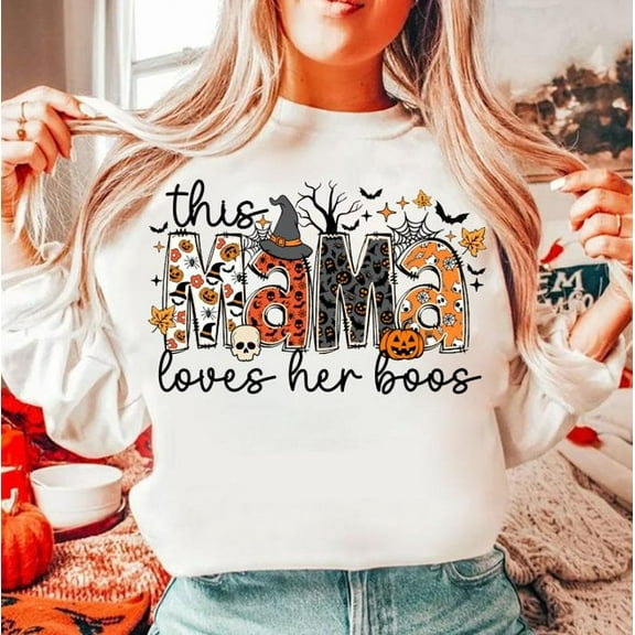 This Mama Loves Her Boos Halloween Sweatshirt, Spooky Season Shirt with Cute Ghosts, Personalized Fall Outfit with Kids' Names for Mom