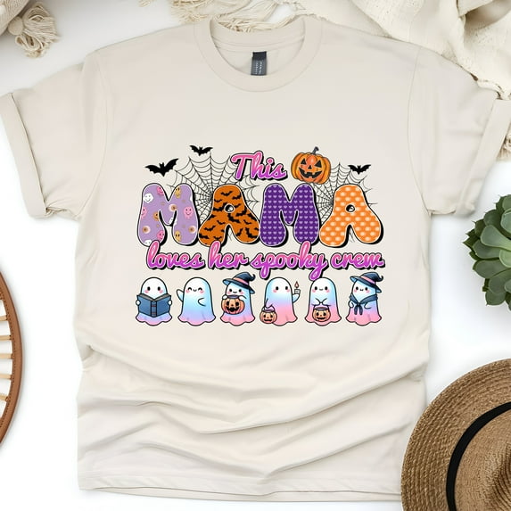 This Mama Loves Her Spooky Crew Shirt – Cute Ghost Halloween Mom Tee, Natural, Size XL