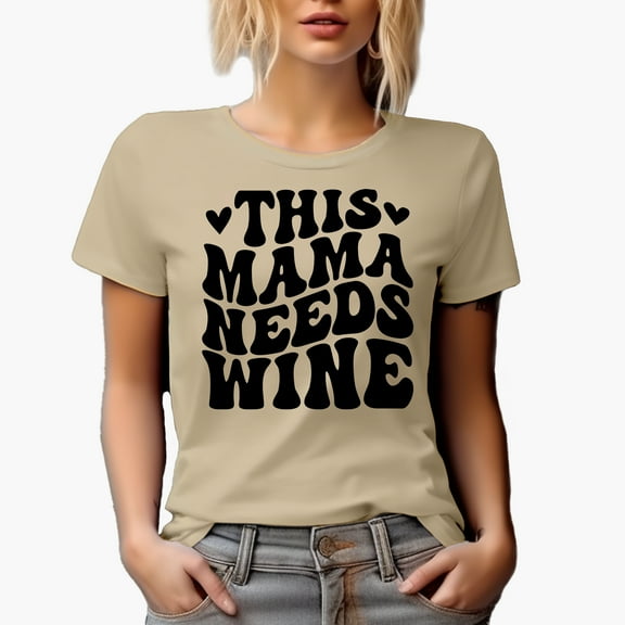 This Mama Needs Wine, Drinker Mom Quote, Groovy Retro Wavy Text Merch Gift, Tan T-Shirt, Small