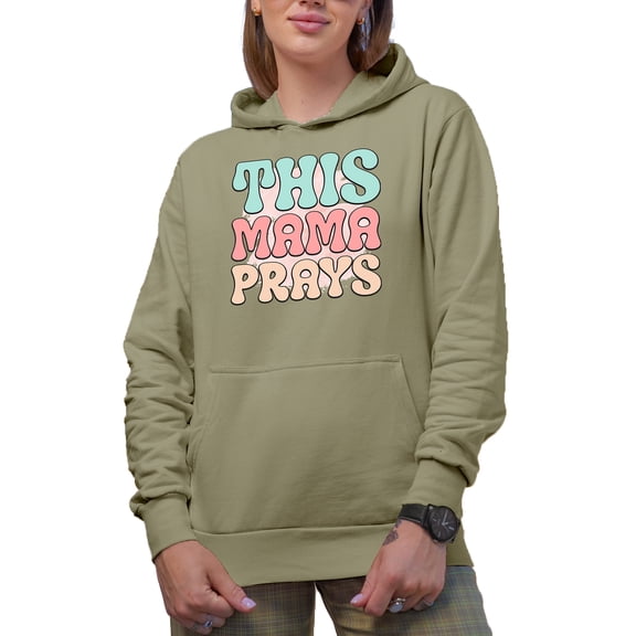 This Mama Prays, Groovy Text, Sand Hooded Sweatshirt or Hoodie, Small