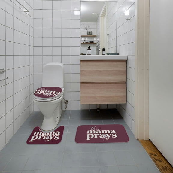 This Mama Prays Religious 3pcs Bathroom Rug Set - Non-Slip Maroon Flannel Bath Mat