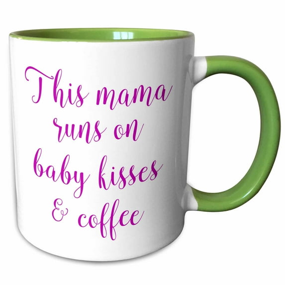 3drose, This Mama Runs on Baby Kisses and Coffee, 11oz Two-tone Green Mug