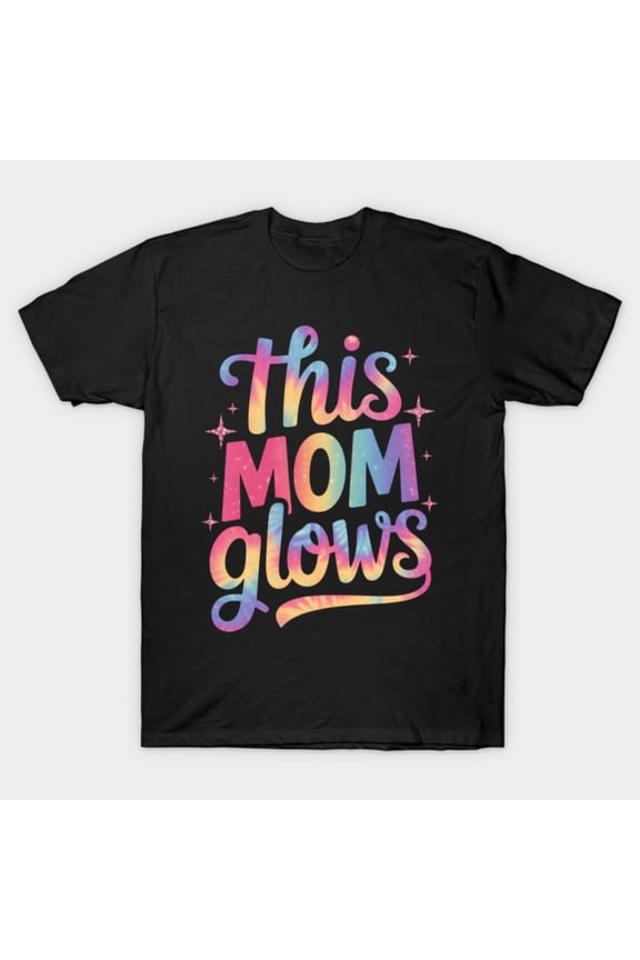 This Mom Glows Tie Dye 80s Retro Style Colorful Neon Graphic Unisex T-Shirt, up to size 3XL.