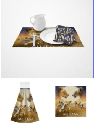 This Mufasa: The Lion King combo set includes high-quality napkins, hand towels and placemats
