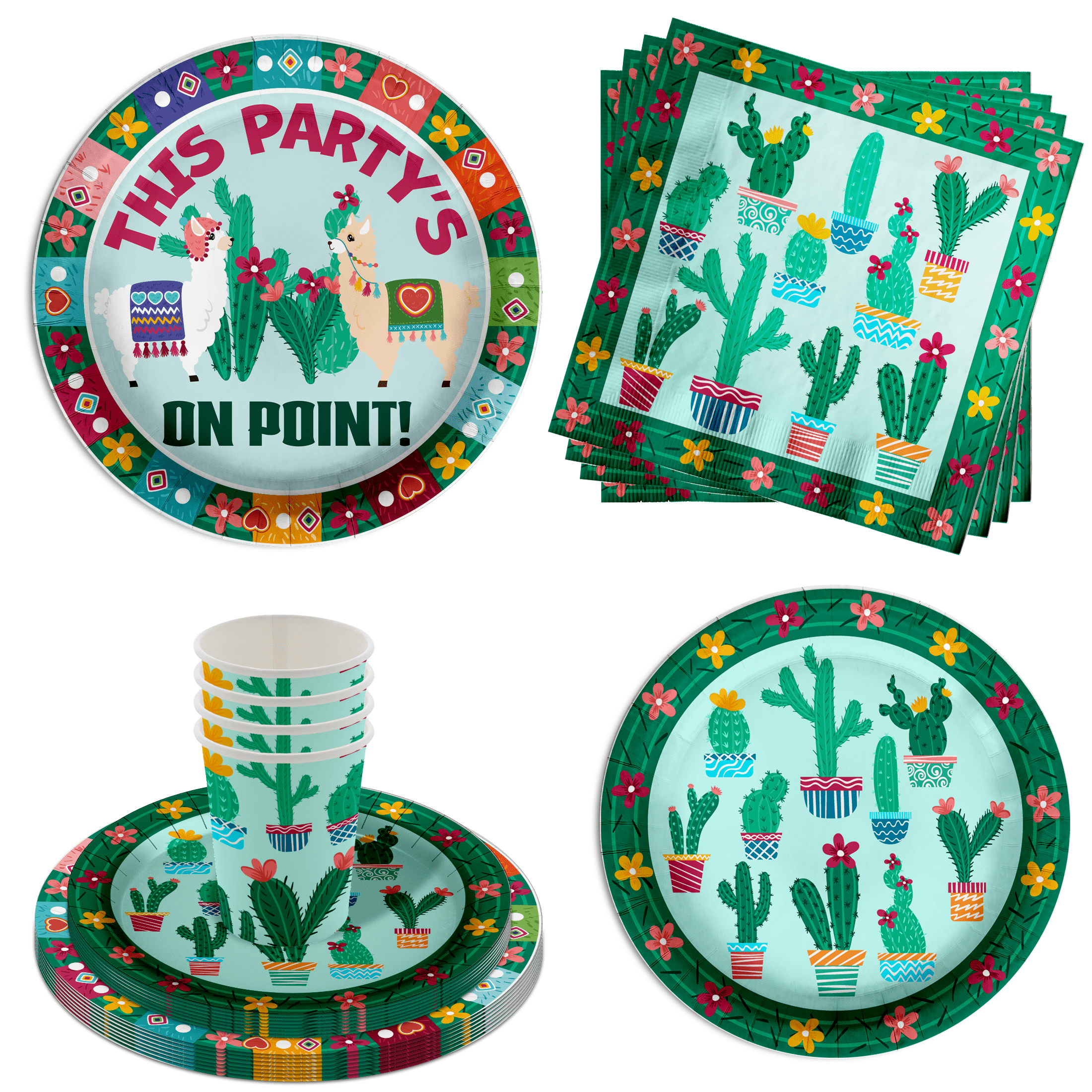 This Party is on Point Cactus and Llama Party Supplies - Fiesta Birthday Party Supplies 64 Piece Tableware Set Includes Large 9" Paper Plates Dessert Plates, Cups and Napkins Kit for 16