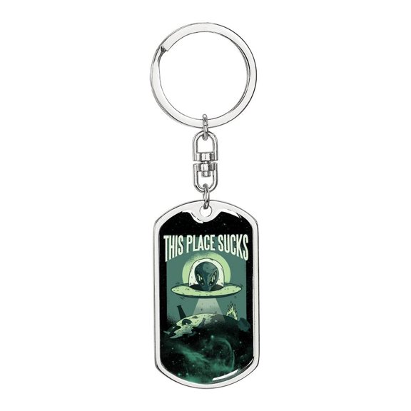 This Place Sucks Dog Tag Keychain Stainless Steel Silver Tone or Gold Tone