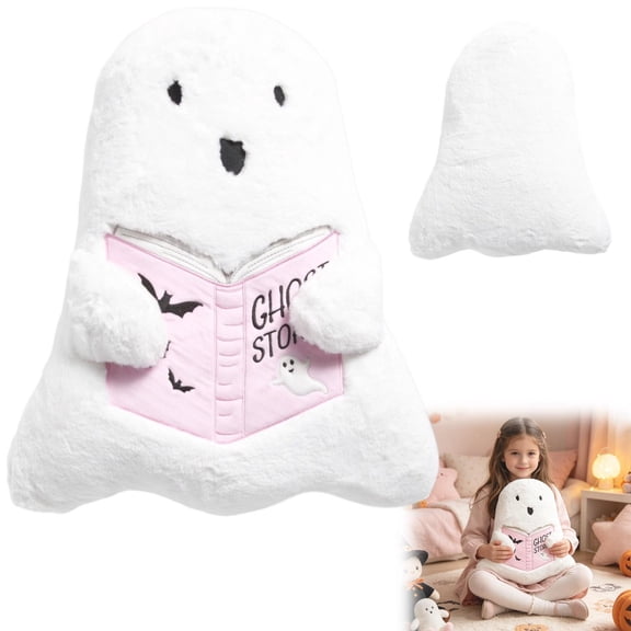 This Reading Ghost Pillow Is My New Favorite Halloween Find! Fluffy White Ghost Stuffed Pillow Holding Pink Ghost Story Book