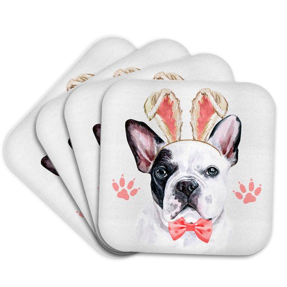 3drose, This Sweet Black and White Frenchie Dog in Bunny Ears Loves Easter, Set of 4 Coasters - Soft