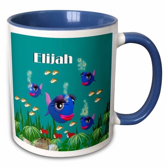 3drose, This Vibrant Artwork of Fish under the Sea Is Personalized with the Name Elijah, 15oz Two-tone Blue Mug