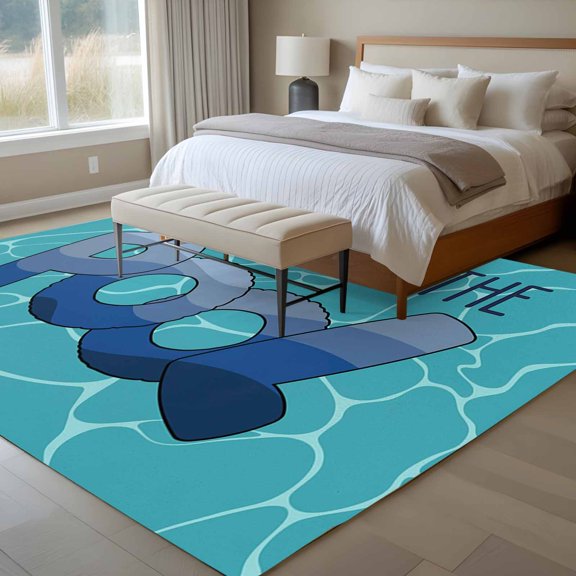 This Way To The Pool 6x9 Rug for Dining Room Table and Chair Setup, Abstract Summer Letter Print Low Pile Washable Non Slip Rectangle Area Rug
