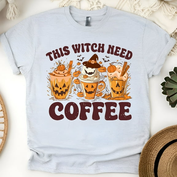 This Witch Need Coffee Graphic Tee | Funny Pumpkin Latte Shirt for Women, Ash, Size L
