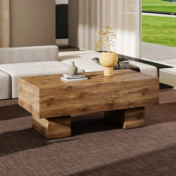 This coffee table with a modern wood color, 43.3"x21.6"x17.2", ideal for living rooms & apartments, and offering a 300 lbs load-bearing.