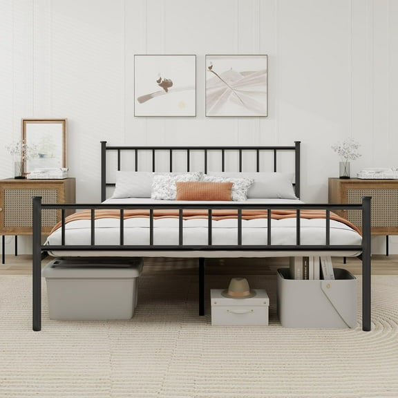 This double bed frame is made of metal, with a sturdy steel support frame, and is black in color.