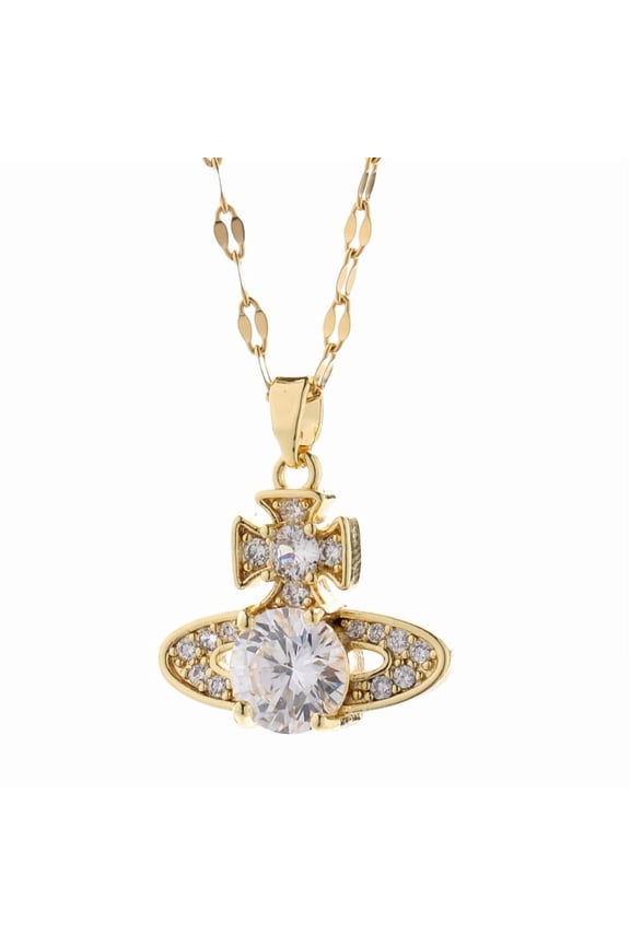 This gold Saturn-inspired necklace with sparkling crystals blends punk chic and celestial charm for everyday elegance.