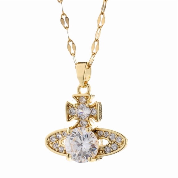 This gold Saturn-inspired necklace with sparkling crystals blends punk chic and celestial charm for everyday elegance.