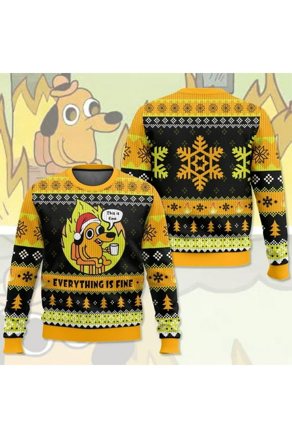 This is Fine Meme Ugly Christmas Sweater, Funny Dog Meme Kid Adult Sweater, Everything is Fine Meme Sweater, Pet Lover Xmas Gift