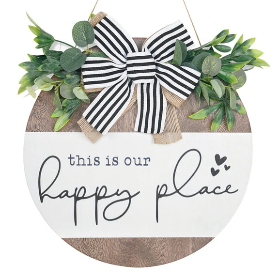 This is My/Our Happy Place Wreath Sign for Front Door Farmhouse Porch Wall Decor Hanging Signs Art