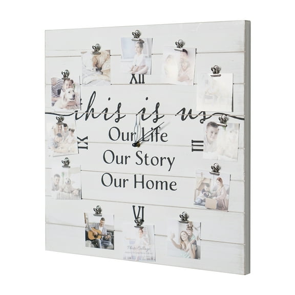 This is Us White Wood Plank Photo Collage Clock with Picture Clip - 20" x 20"